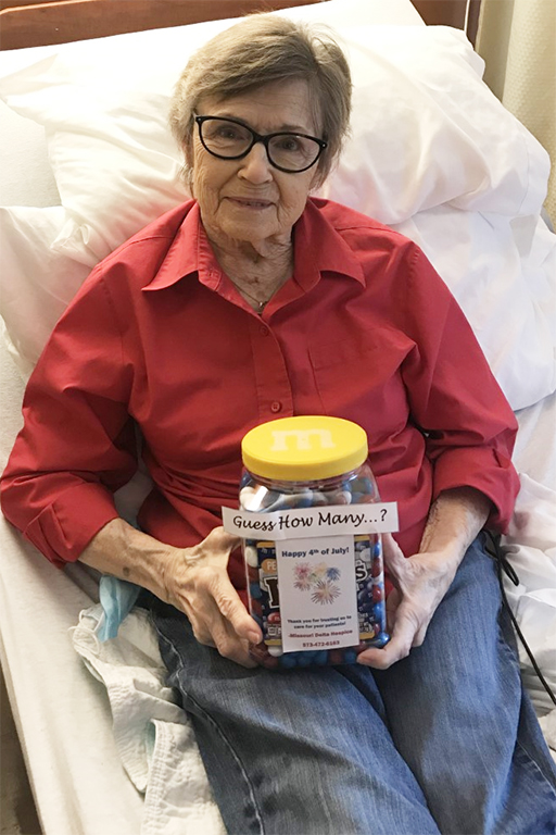 Resident Trena Novak with her jar of M&Ms at Life Care Center of Cape Girardeau