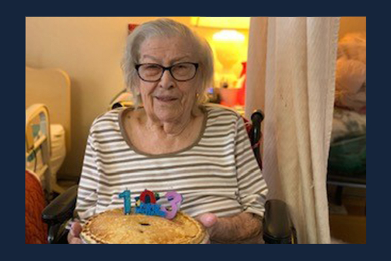 Frances Souders with her strawberry rhubarb birthday pie