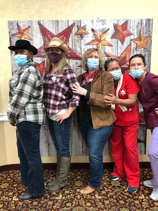 Western Day, left to right: Angelina Nkum; Leeann Hurd, Hawthorne Unit manager; Stephanie Burton; and CNAs Chanreth Nutter, and Agnieszka Salina