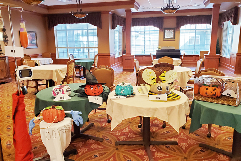 Paper mache pumpkins at Life Care Center of South Hill