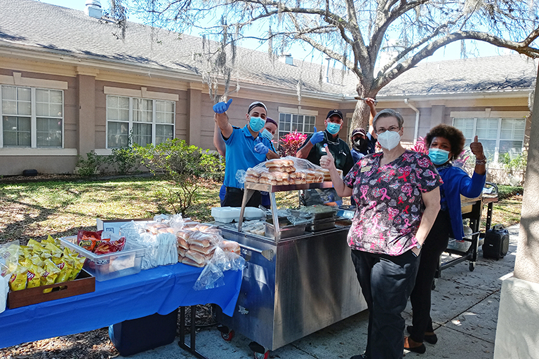 At Life Care Center of Orlando, left to right: Alex Torres, dietary manager; Heidi Johnson, assistant dietary manager; Perry Jordan, maintenance director; Matt Johnson, assistant maintenance director; Heather Franks, RN; and Dian Clarke Shepherd, admissions director