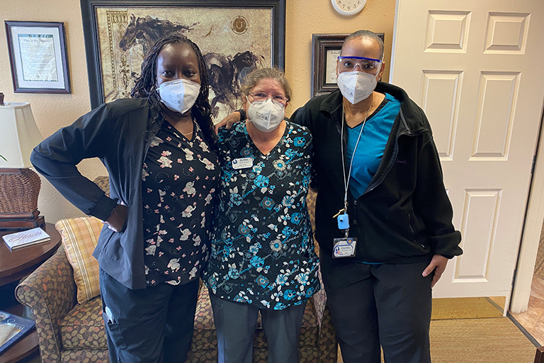 Life Care Center of Haltom champions, left to right: Brenda Bunch, staffing coordinator; Robin Lester, MDS nurse; and Gamble Rudd, care coordinator