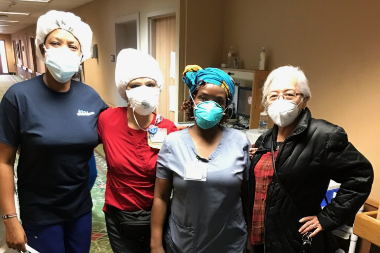 Life Care Center of Plano champions, left to right: Anne Tatkei, licensed vocational nurse; Sonia Desai, activity director; Sibusisiwe Ndlovu, certified nursing assistant; and Ludivina Castro, laundry