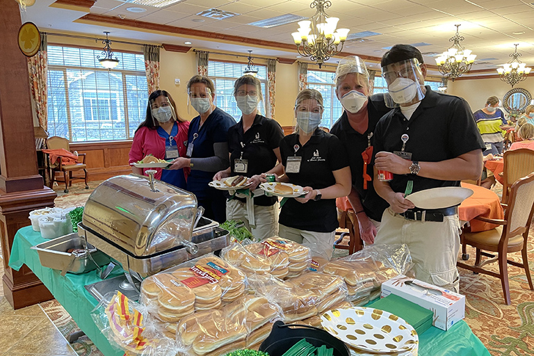 Life Care Center of Blount County staff (left to right): Sandra Crider, director of nursing; Connie Moran, assistant DON; Valerie Foley, physical therapist assistant; Elizabeth Hancock, speech therapist; Heather Ashe, therapy aide; and Romero Gomez, physical therapist