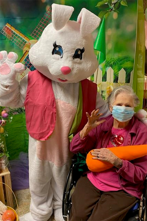 Life Care Center of Punta Gorda resident Dolores Johnson with the Easter Bunny