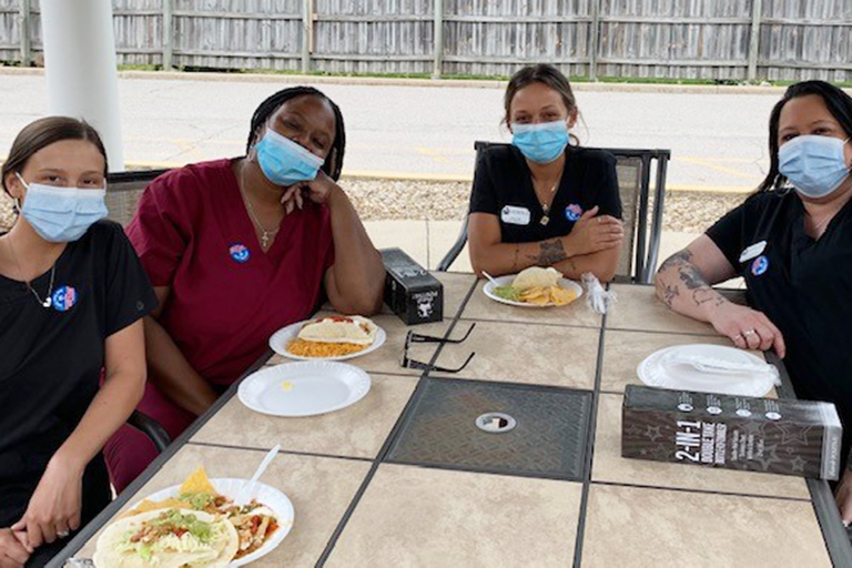 Elyria CNAs (left to right) enjoying Mexican food: Taylor Gibbins, Monique Isom, Lauren Soto and Alicia McElroy