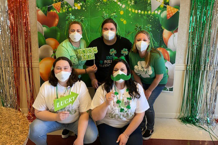 Associates at Rivergate Health Care Center – front row: Cheyenne, admissions assistant, and Bethany, admissions director; back row: Eva, activity assistant; Karrie, activity assistant; and Jamie Bridges, activity director